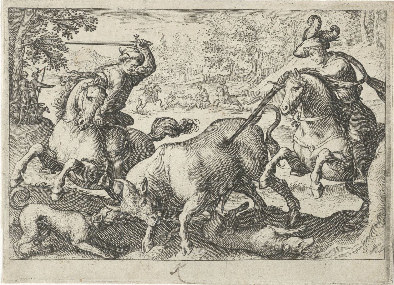 Boğa avı ile manzara Av sahneleri (dizi adı) Icones Venantum Species Varias Representantes (dizi başlığı) by Egbert Jansz.