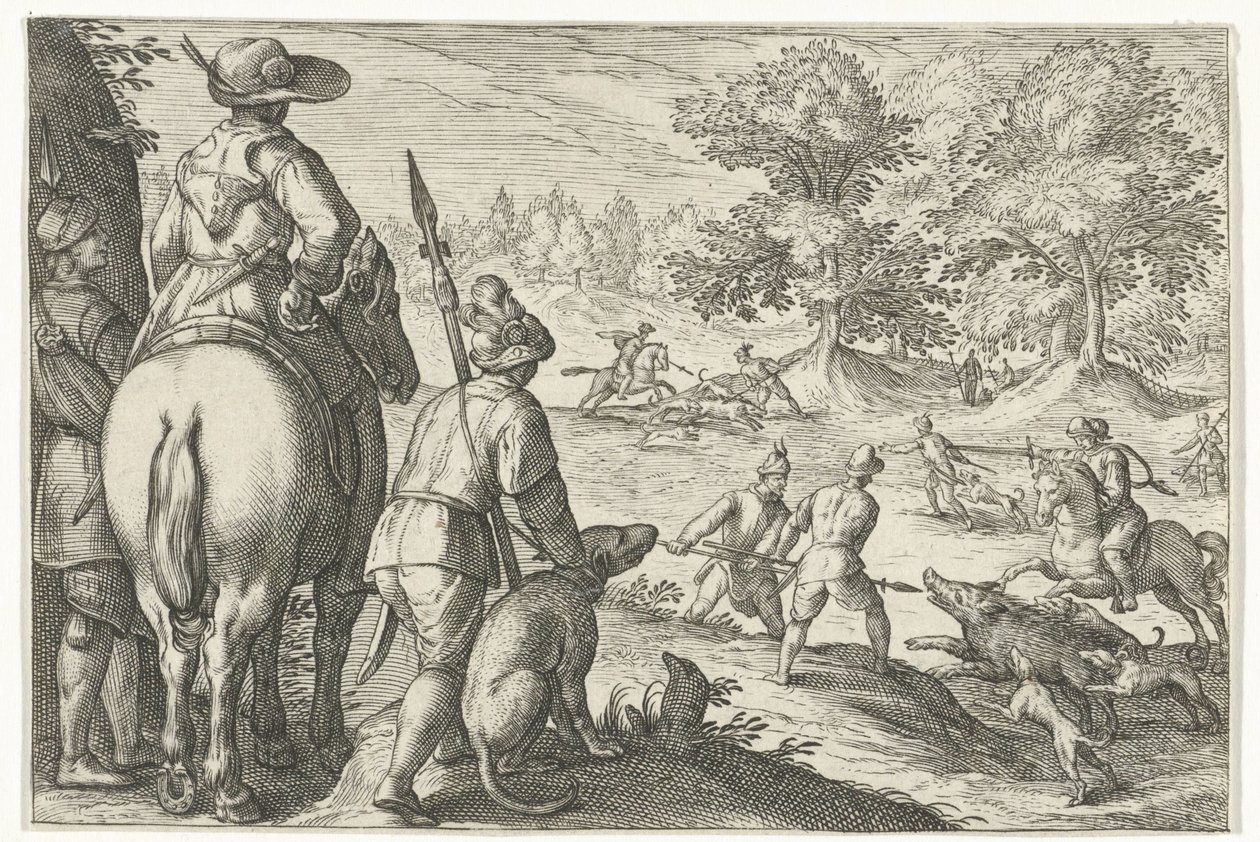 Yaban domuzu avı ile manzara Av sahneleri (dizi adı) Icones Venantum Species Varias Representantes (dizi başlığı) by Egbert Jansz.