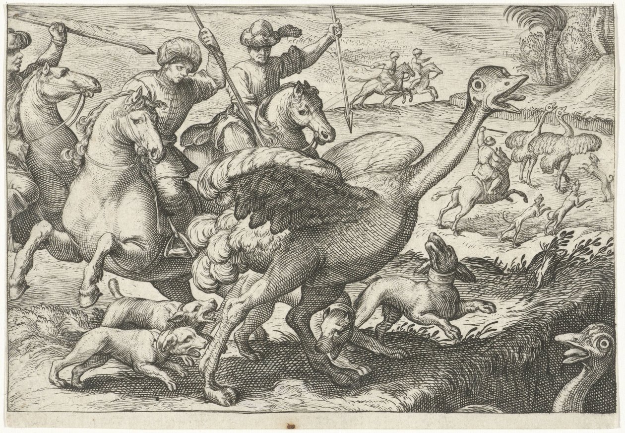 Devekuşu avı ile manzara Av sahneleri (dizi adı) Icones Venantum Species Varias Representantes (dizi başlığı) by Egbert Jansz.