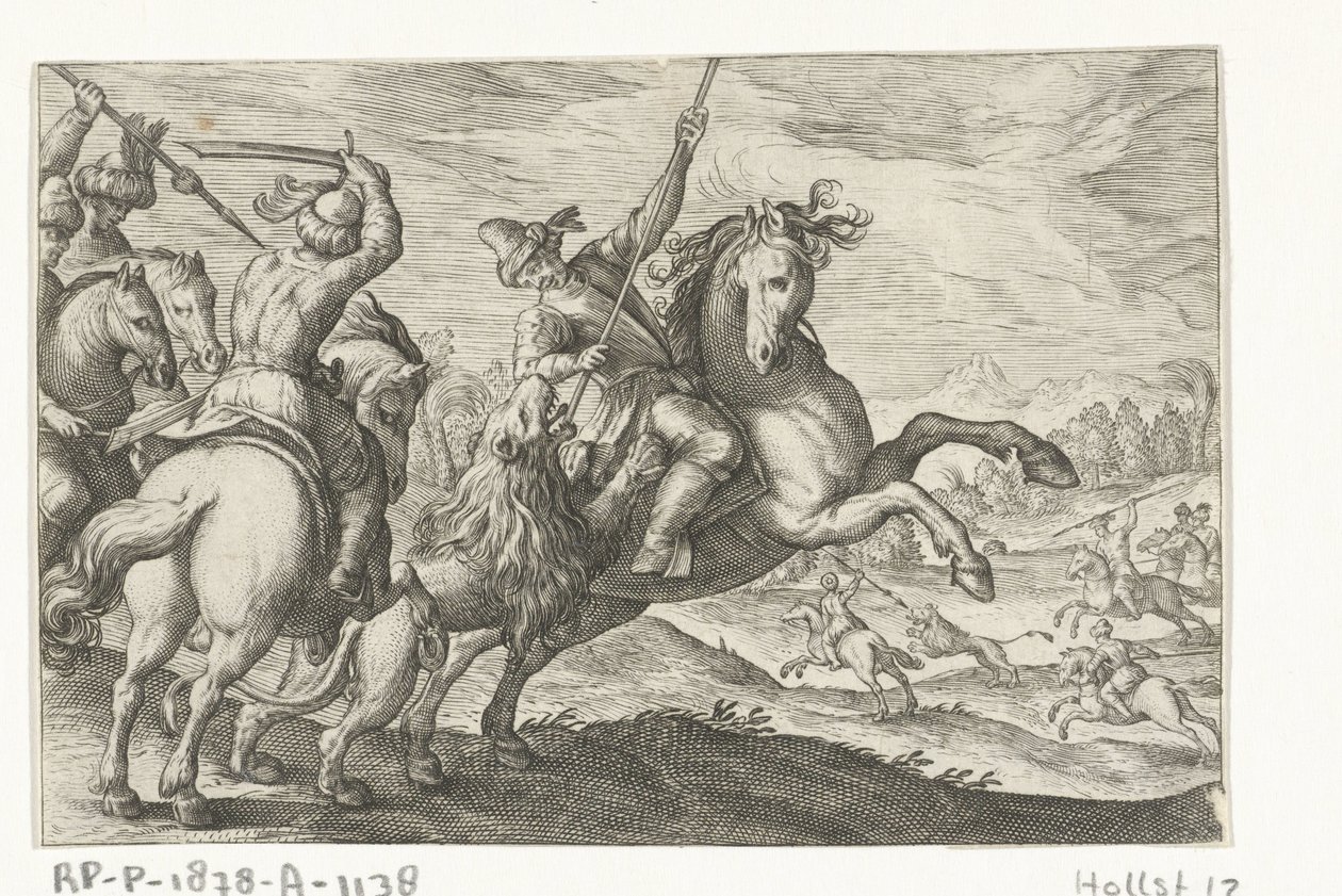 aslan avı Av sahneleri (dizi adı) Icones Venantum Species Varias Representantes (dizi başlığı) by Egbert Jansz.