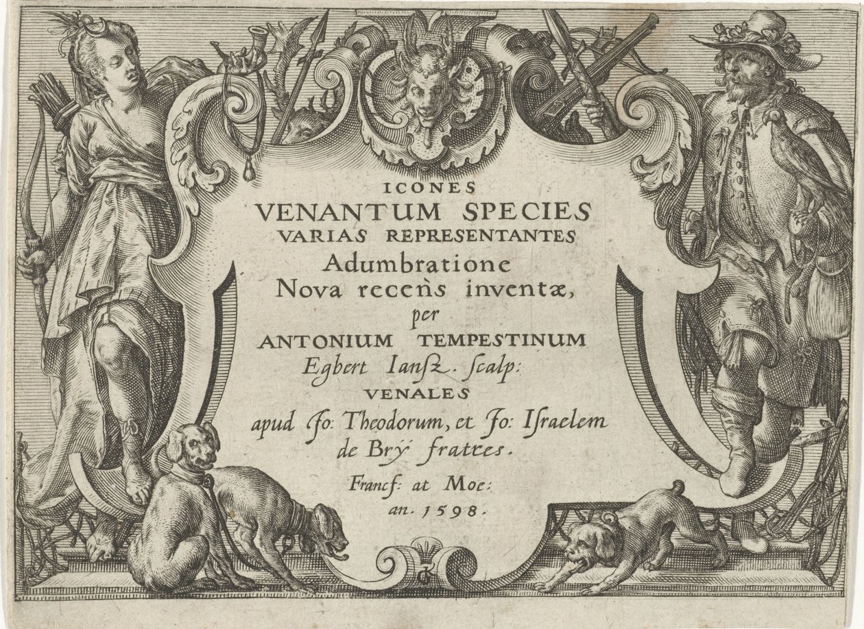 Av sahneleri olan bir dizi için başlık baskısı Av sahneleri (dizi adı) Icones Venantum Species Varias Representantes (nesne üzerinde seri başlığı) by Egbert Jansz.