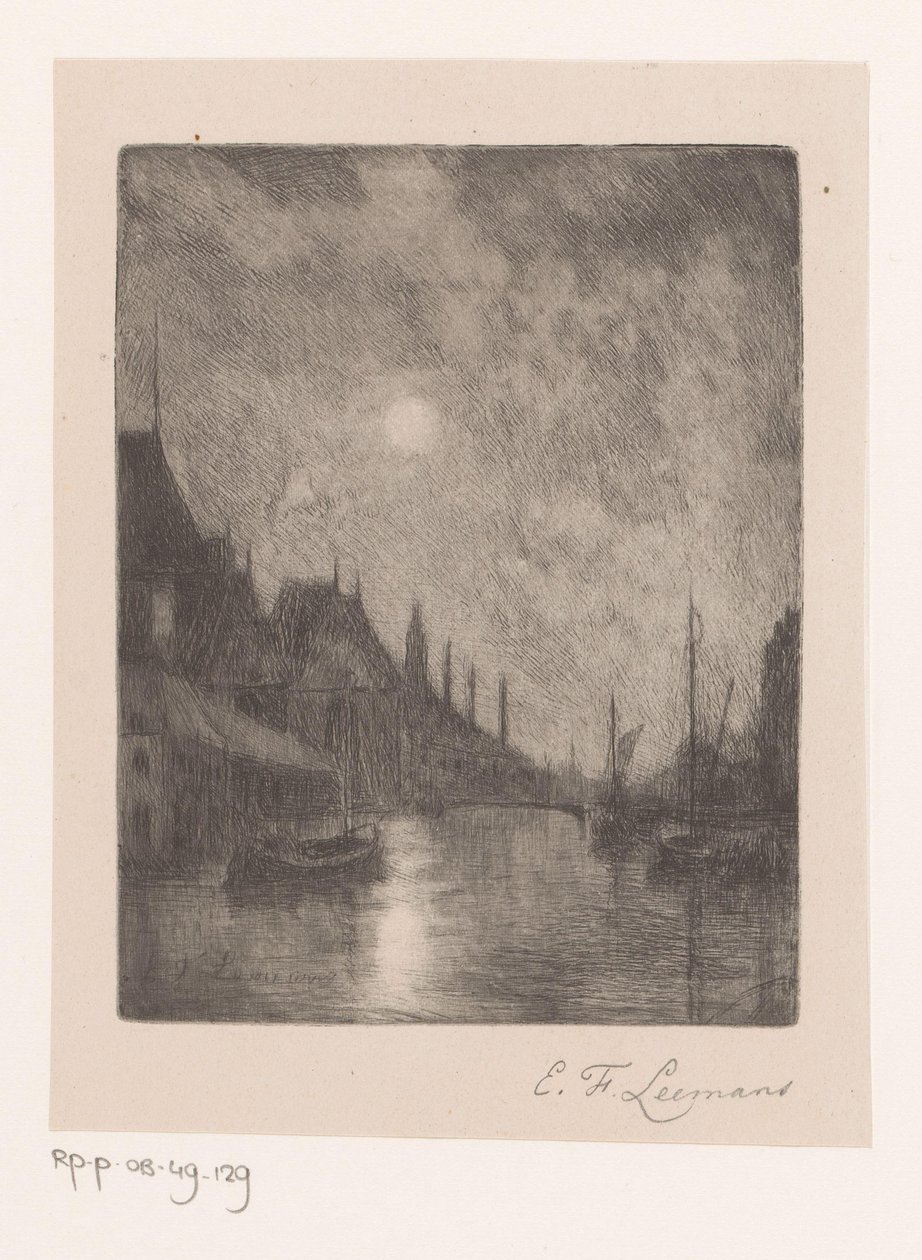 Geceleri bir şehirde nehir manzarası by Egide François Leemans (signed by artist)