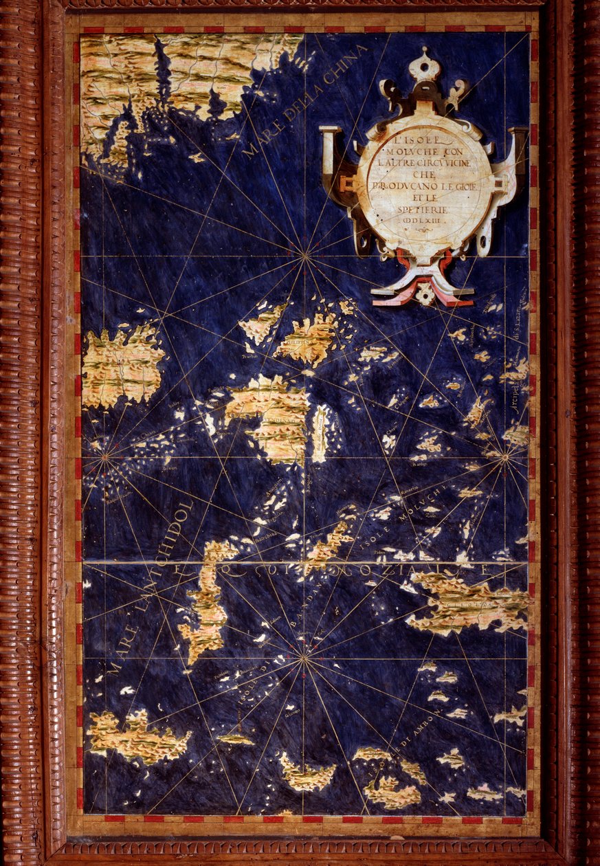 Egnazio Danti (1536-1586) matematikçi, kozmograf ve İtalyan mimar tarafından yapılan Molucca Adaları Haritası. 1567 civarında. Floransa, Palazzo Vecchio, Sala del Mappamondo by Egnazio Danti