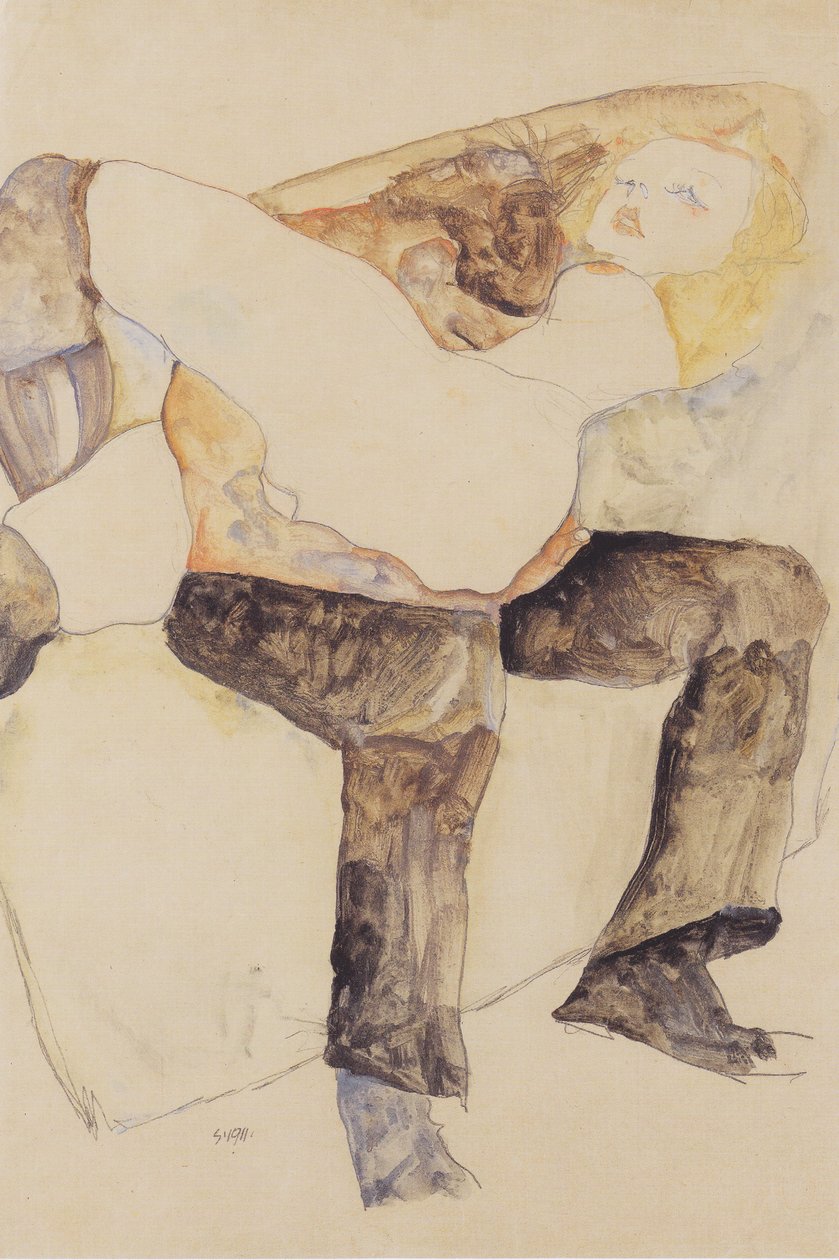 Kadını dizlerinin üzerinde tutan adam by Egon Schiele