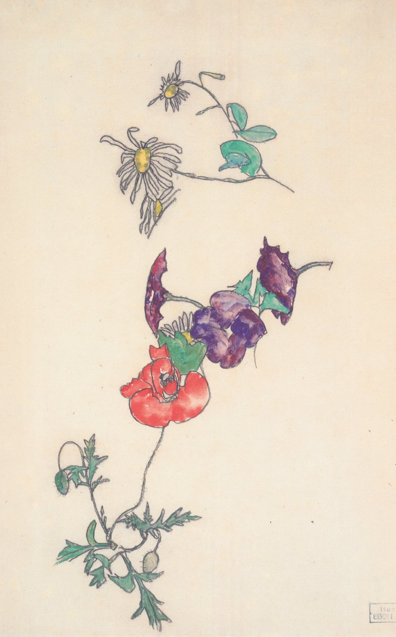 Papatyalar, sarma ve haşhaş by Egon Schiele