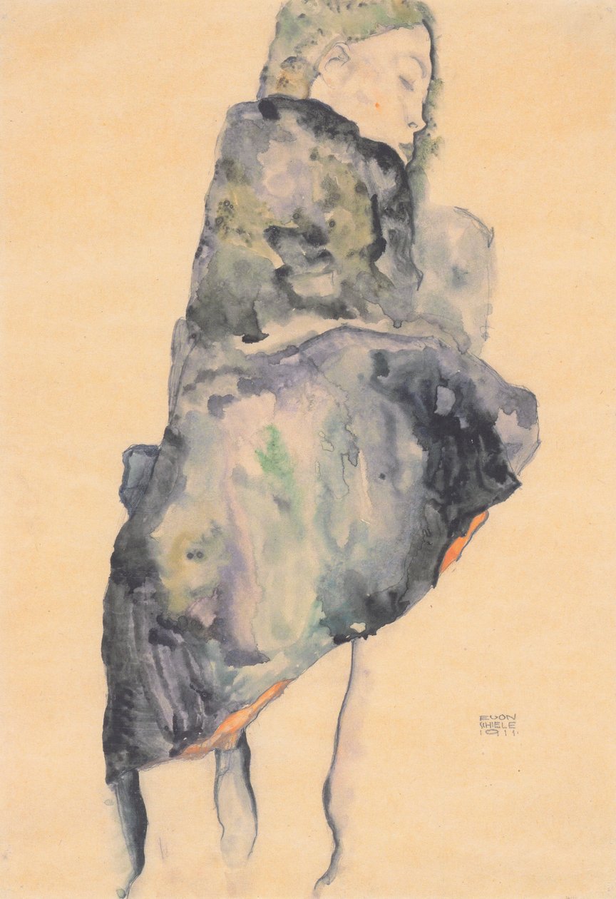 Bir battaniyeye sarılmış uyuyan kız by Egon Schiele