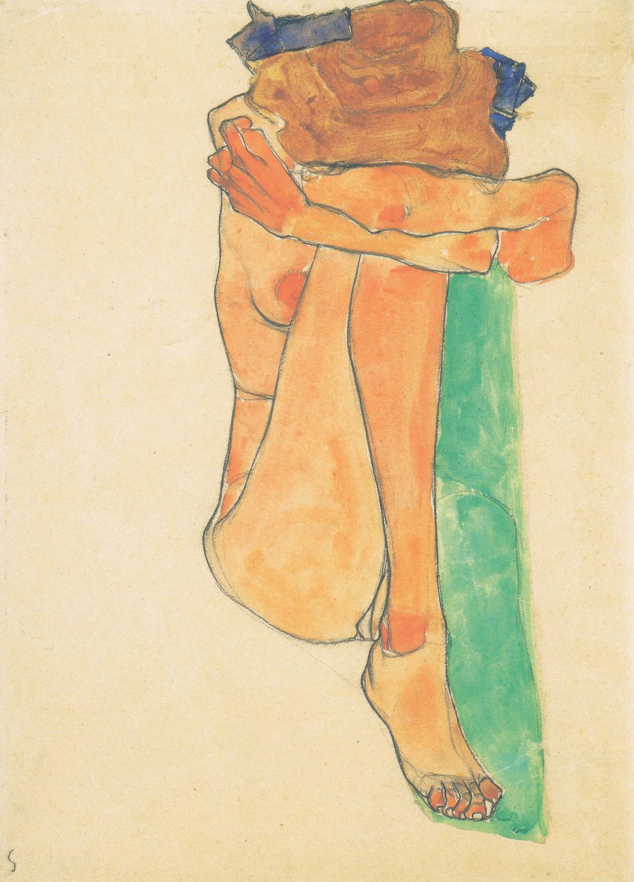 Yeşil döşemeli çıplak kadın by Egon Schiele