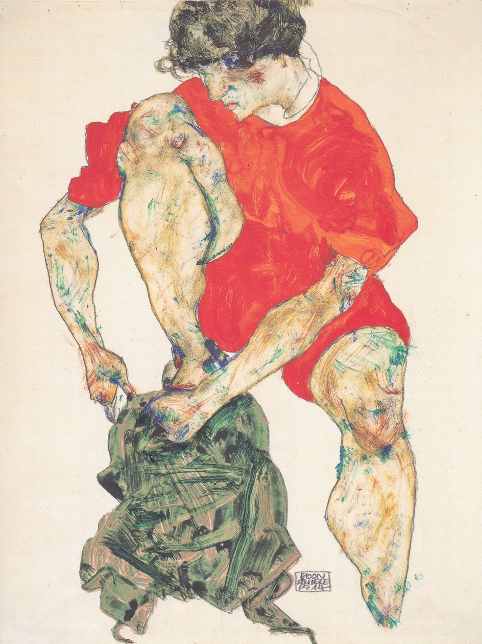 Kırmızı elbiseli kadın modeli by Egon Schiele
