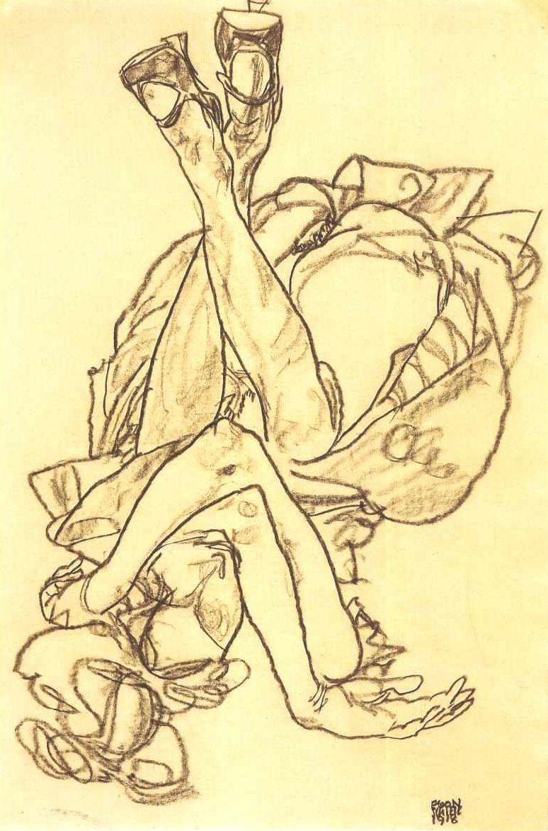 Çapraz kollar ve bacaklar ile sırt üstü yatan kız by Egon Schiele