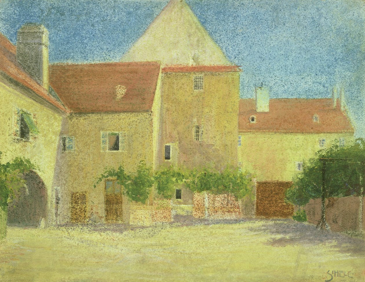 Bir Demirhanenin Avlusu (kağıt üzerinde karışık teknik) by Egon Schiele