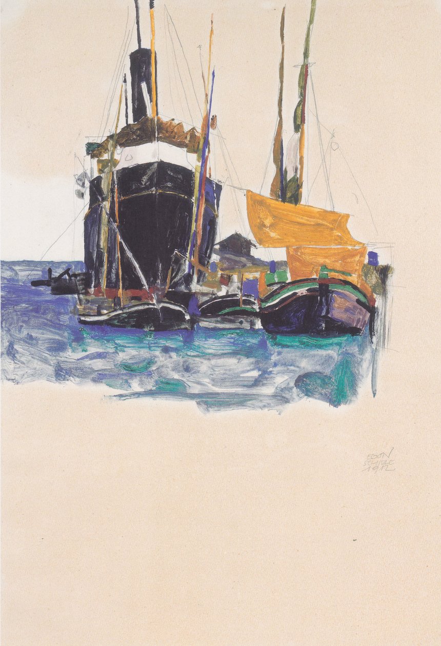 Trieste limanında vapurlar ve yelkenli tekneler by Egon Schiele