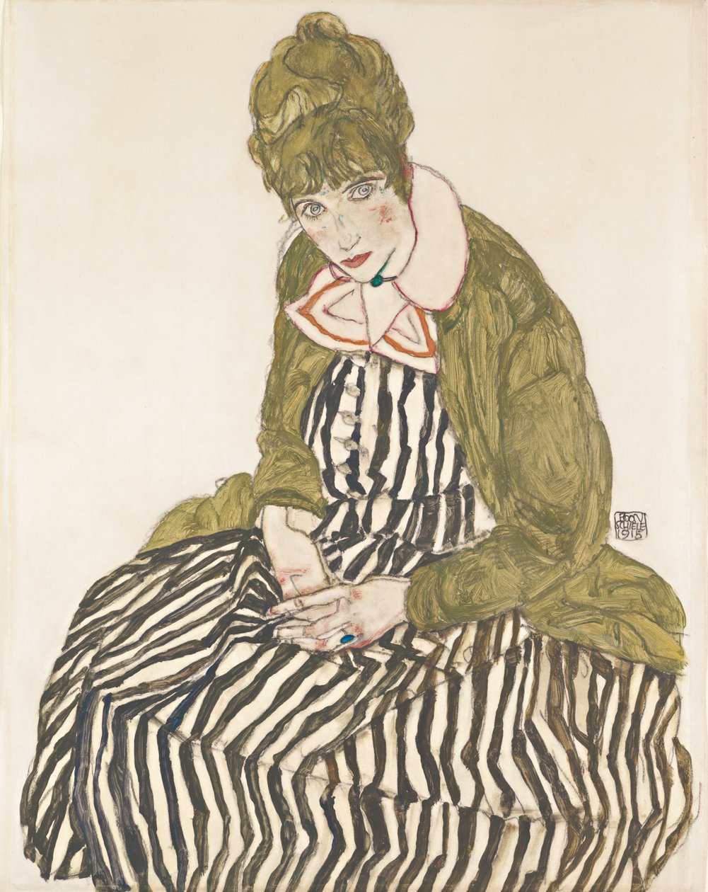 Çizgili Elbiseli Edith, Oturma by Egon Schiele