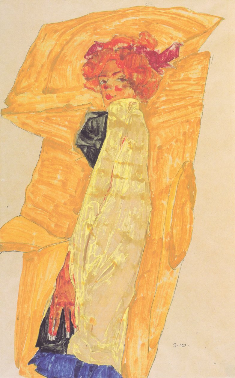 Gerti hardal rengi perdenin önünde by Egon Schiele