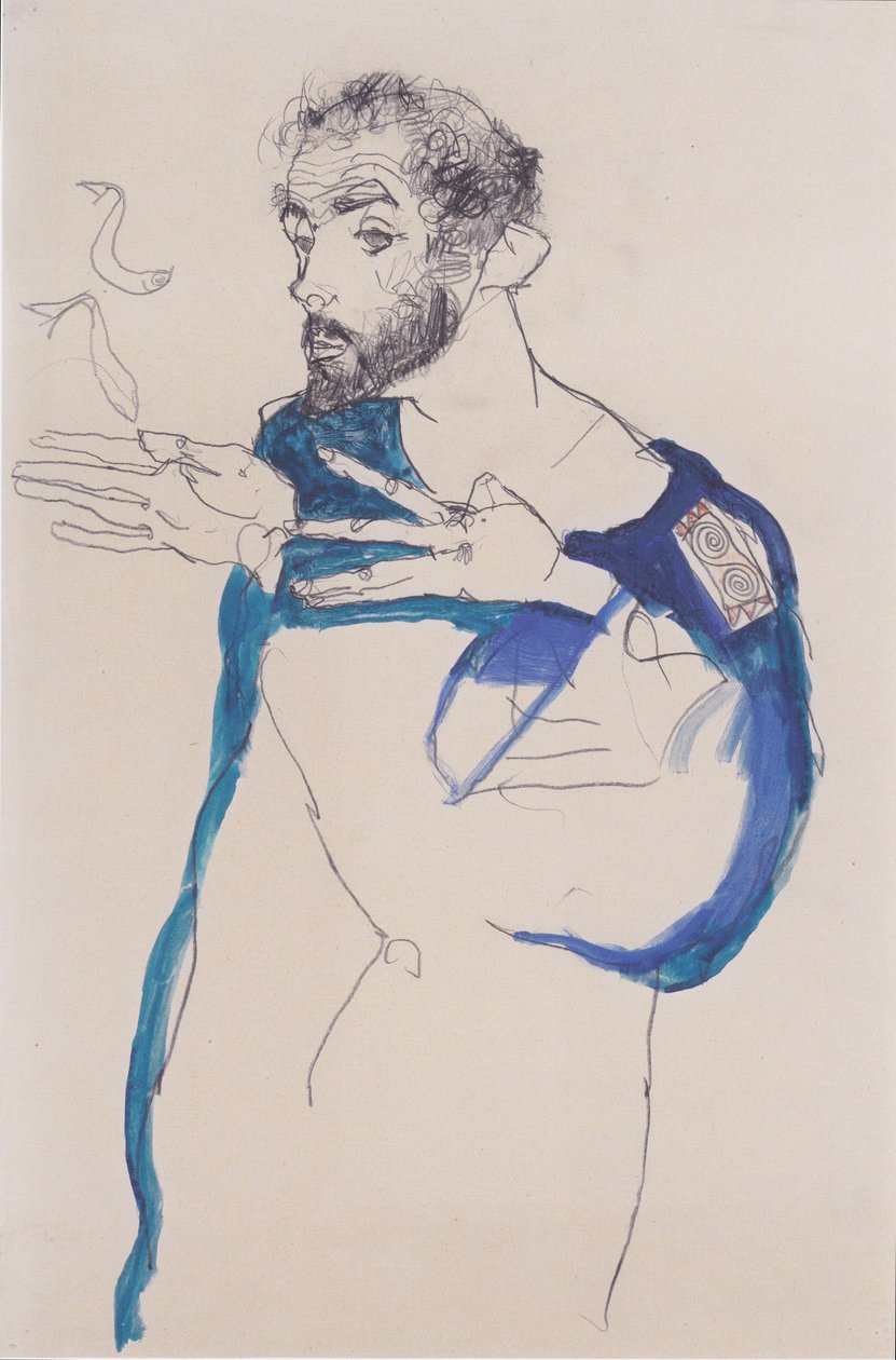Gustav Klimt mavi bir ressamın önlüğüyle by Egon Schiele