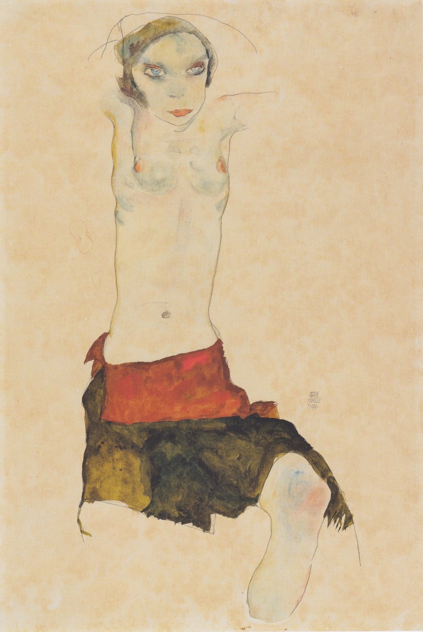yarı çıplak oturan kız by Egon Schiele