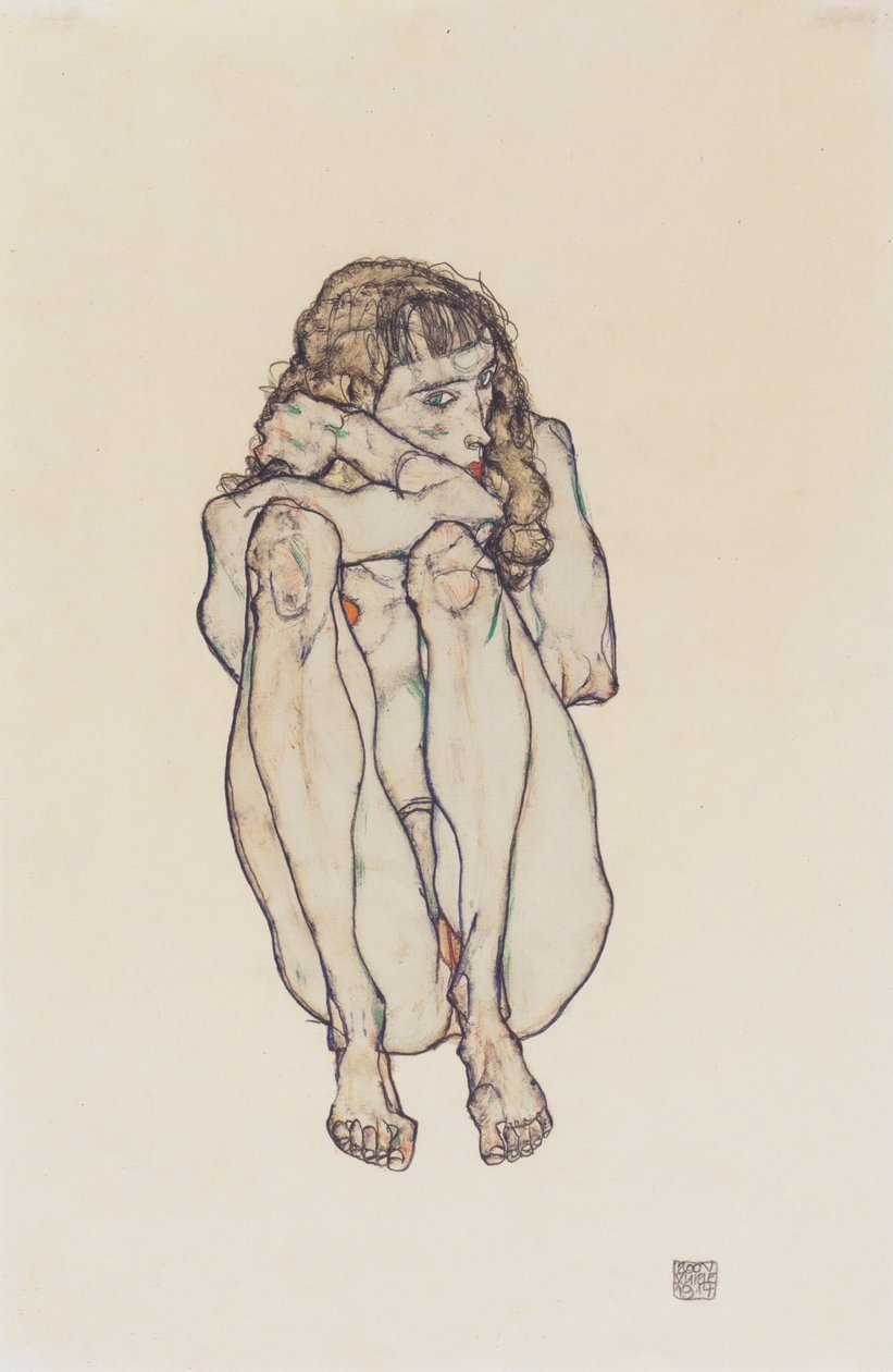 Çömelme kadın çıplak by Egon Schiele