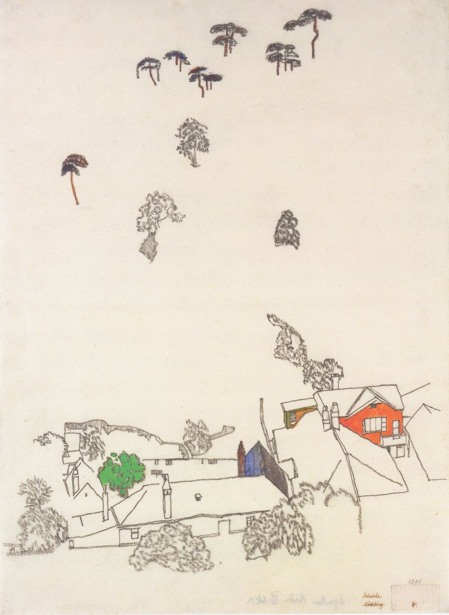 Mödling yakınlarındaki evler ve çam ağaçları by Egon Schiele