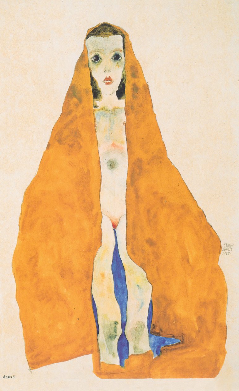 Okra renkli bir bez içinde genç çıplak kız by Egon Schiele