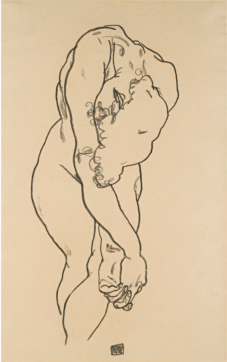 Eğilmiş kafa ile çömelme eylemi by Egon Schiele