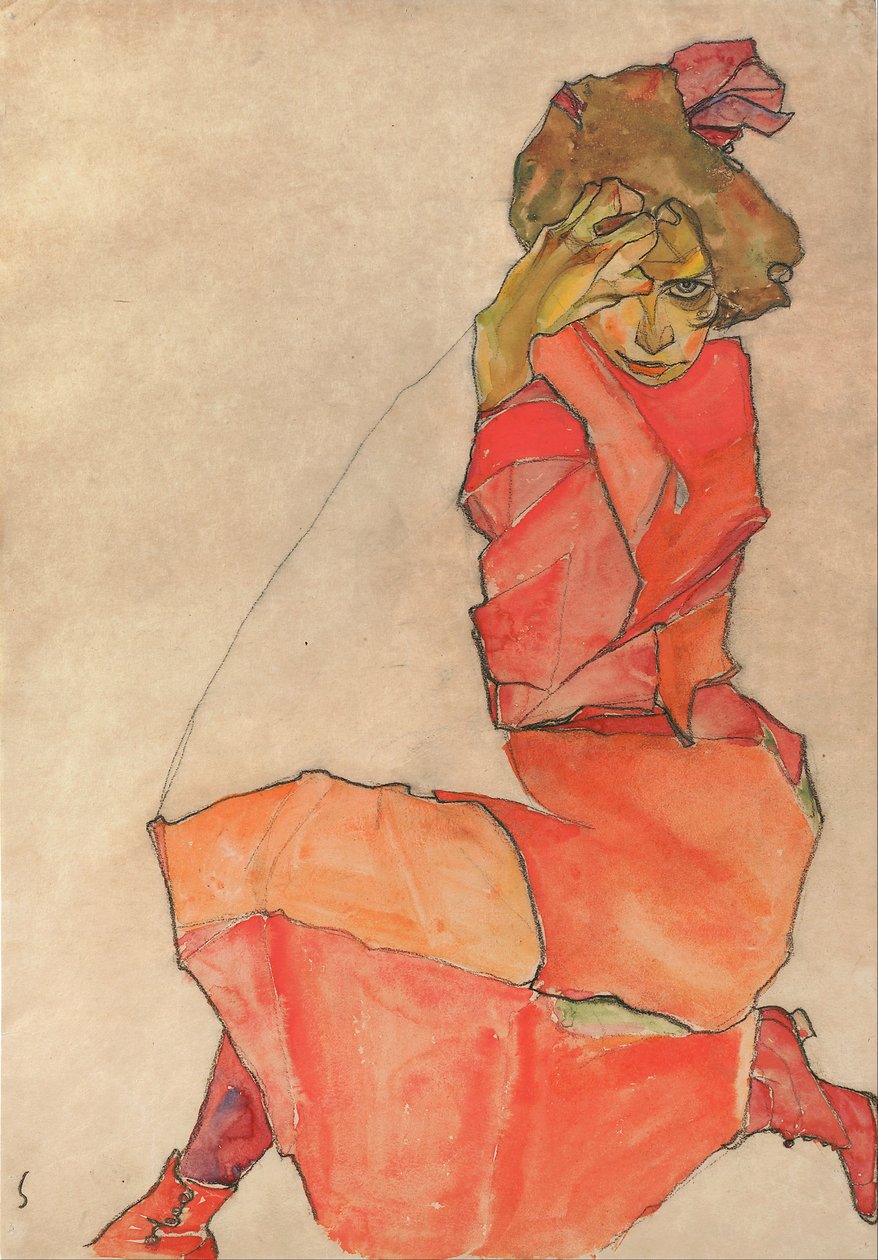 Turuncu-Kırmızı elbiseli diz çökmüş kadın by Egon Schiele