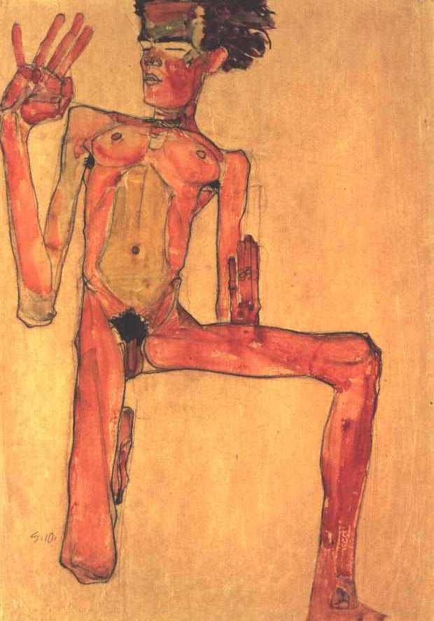 Diz çöken Selbstakt by Egon Schiele