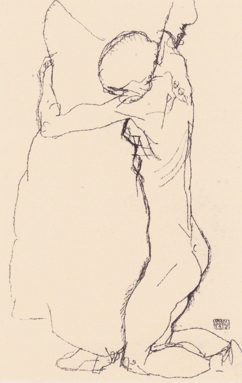 Diz çökmüş, duran bir kadına sarılmak by Egon Schiele
