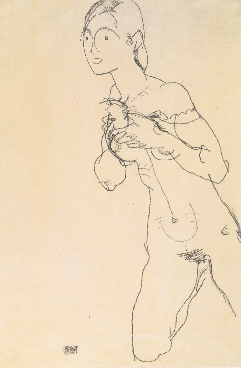 diz çökmüş çıplak kız by Egon Schiele