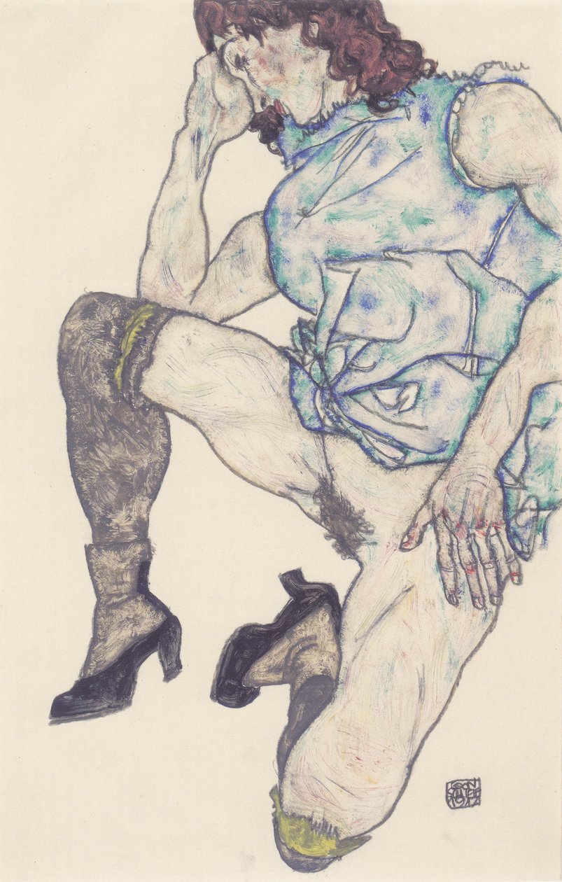 diz çökmüş kız by Egon Schiele