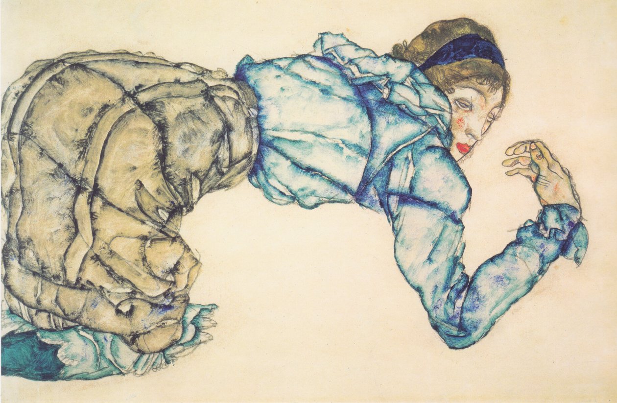 Mavi bluzlu diz çökmüş kadın by Egon Schiele