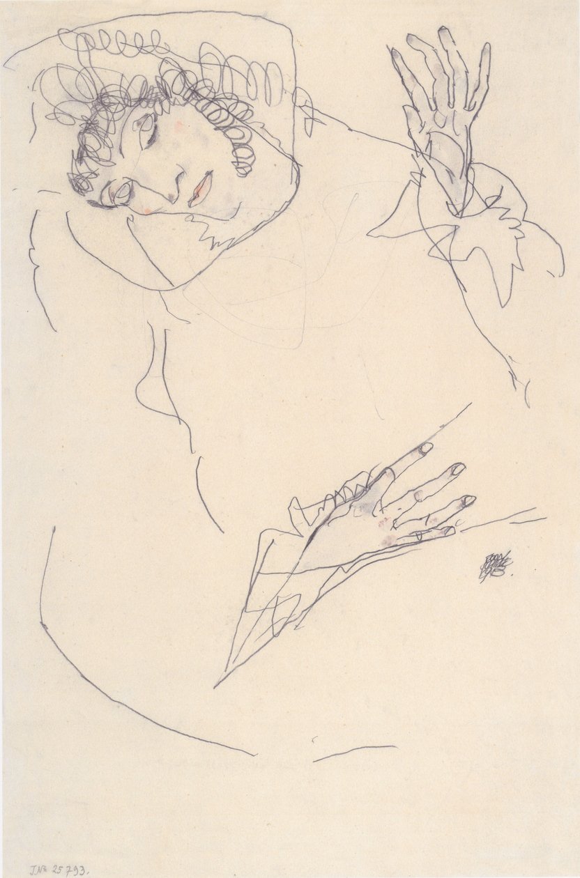 Eğilmiş kafa ile yatan kadın by Egon Schiele