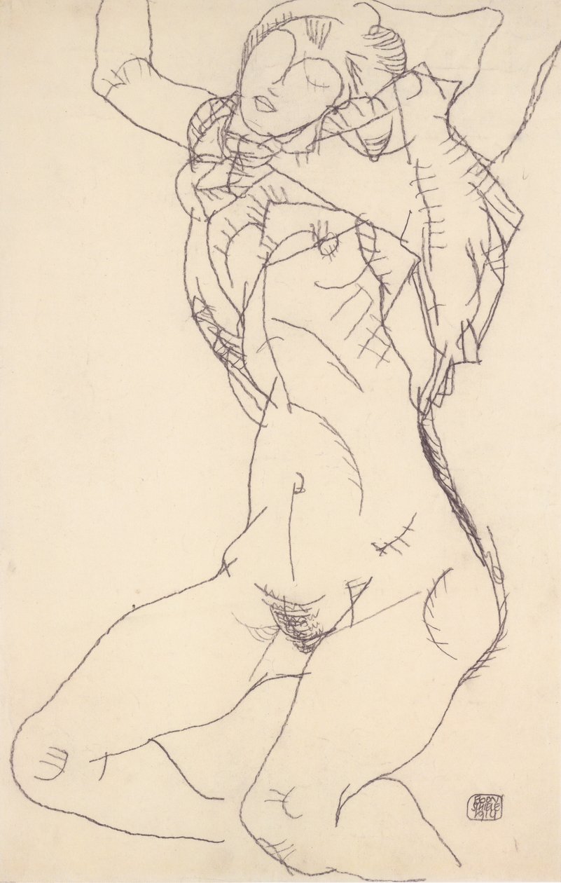 Kollarını kaldırarak yarı yarıya yatmak by Egon Schiele