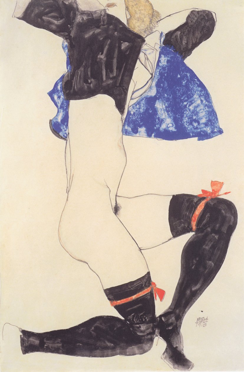Siyah çorapla yarı yarıya yatmak by Egon Schiele
