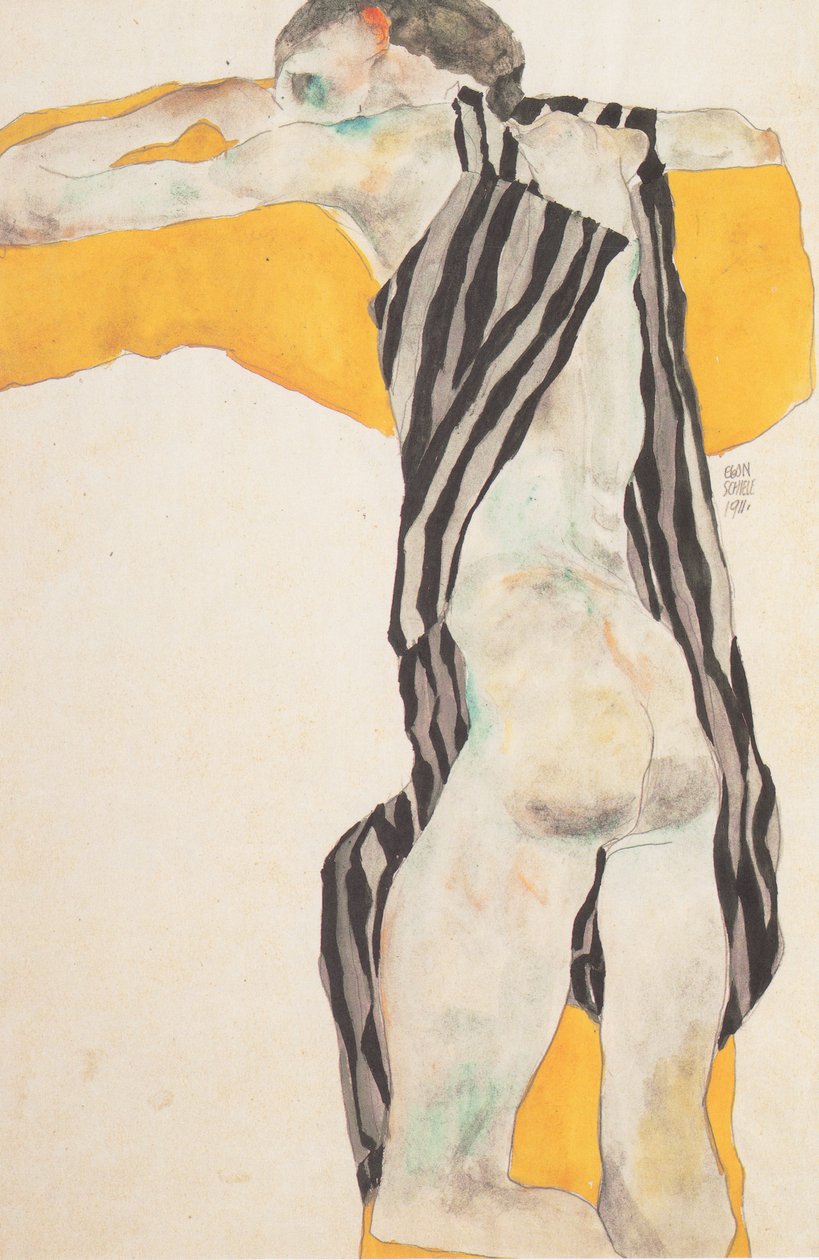 Çıplak kız çizgili bir önlük içinde uzanmış by Egon Schiele