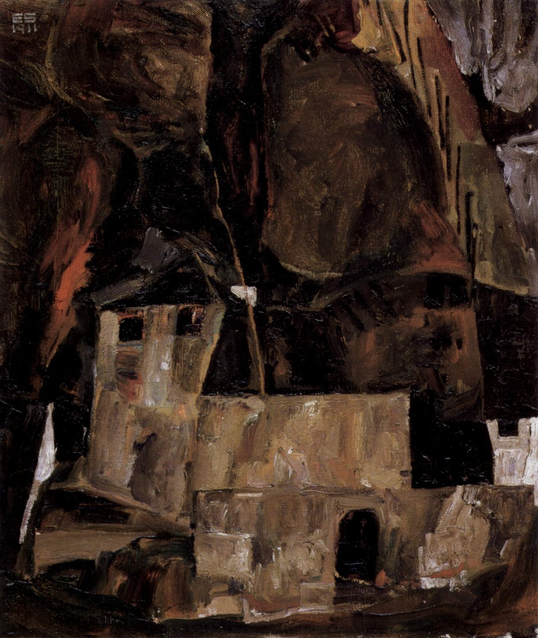 Bir çit ile engebeli arazinin önünde duvar ve ev by Egon Schiele