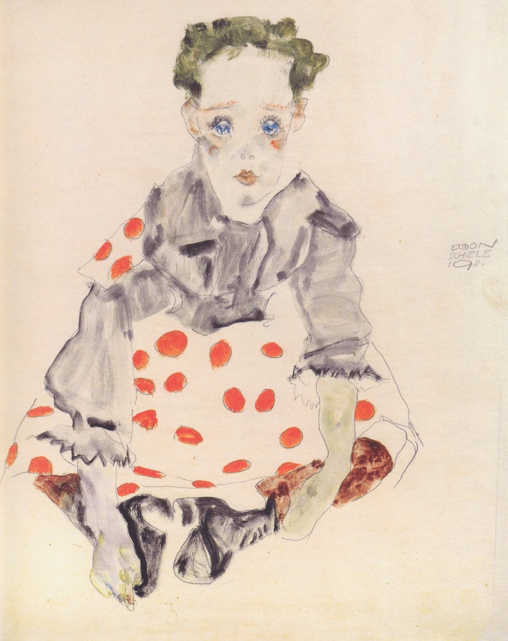 Puantiyeli elbiseli kız by Egon Schiele