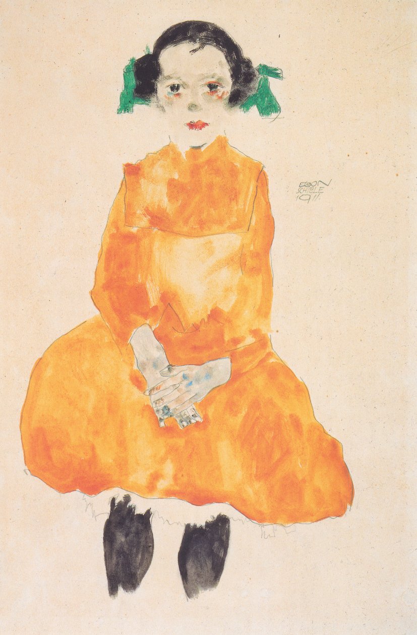Sarı hardal rengi elbiseli kız by Egon Schiele