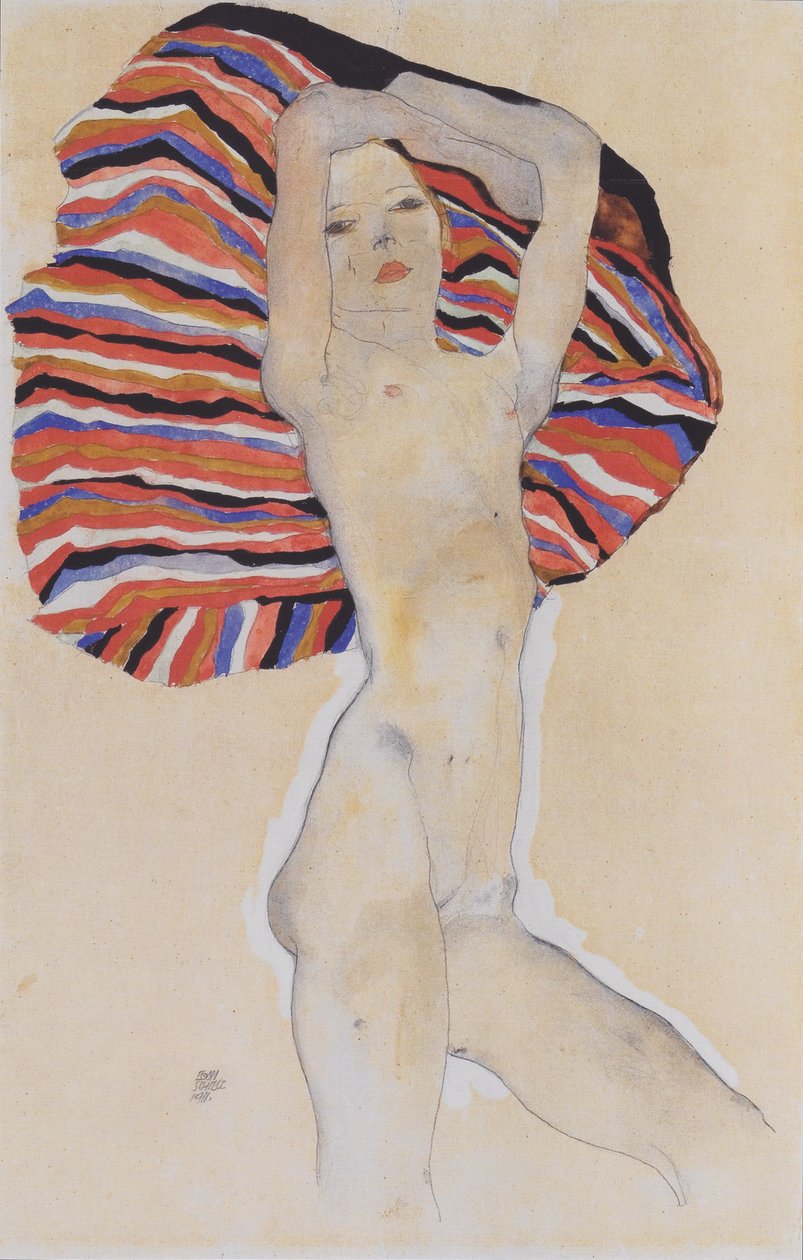 Bir kızın renkli kumaşa karşı çıplaklığı by Egon Schiele