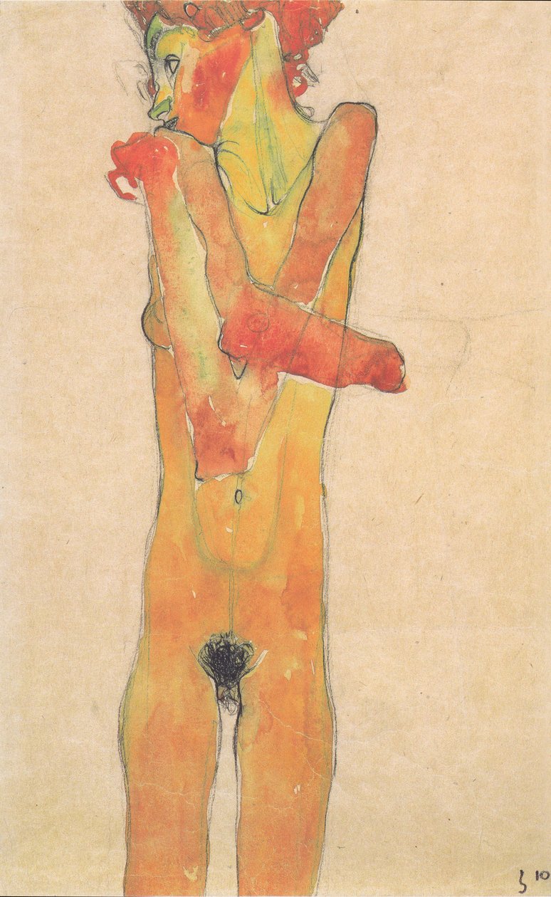 Çapraz kolları olan çıplak kız by Egon Schiele