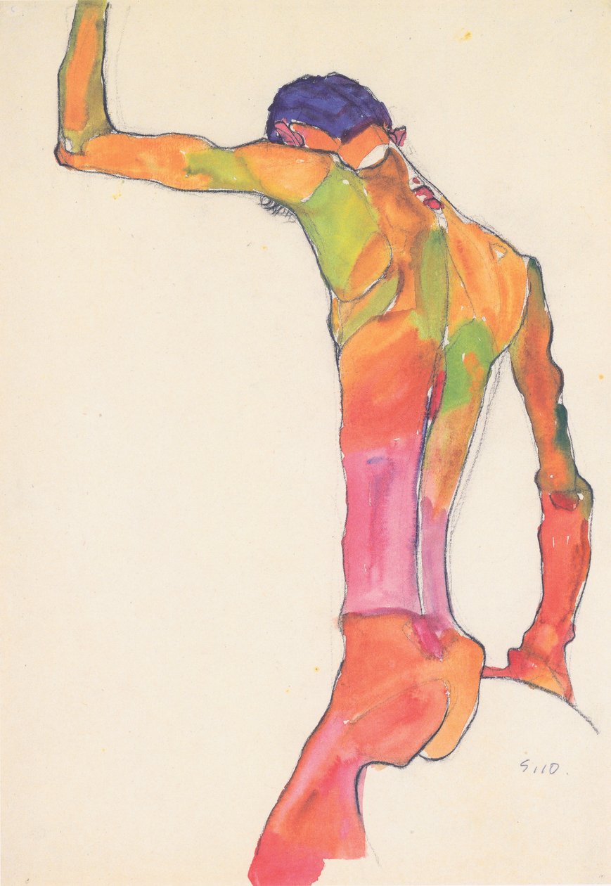 Kolunu kaldırmış çıplak erkek by Egon Schiele