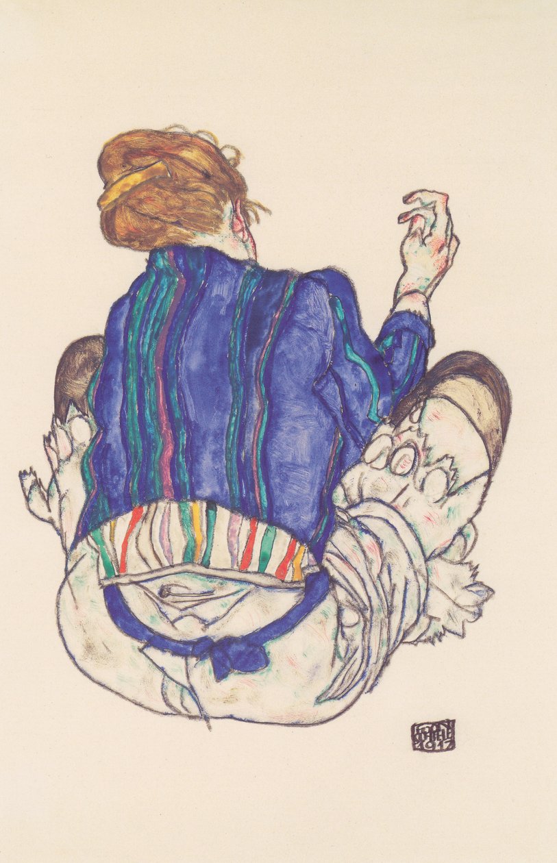 Oturan bir kadının arkadan görünümü by Egon Schiele