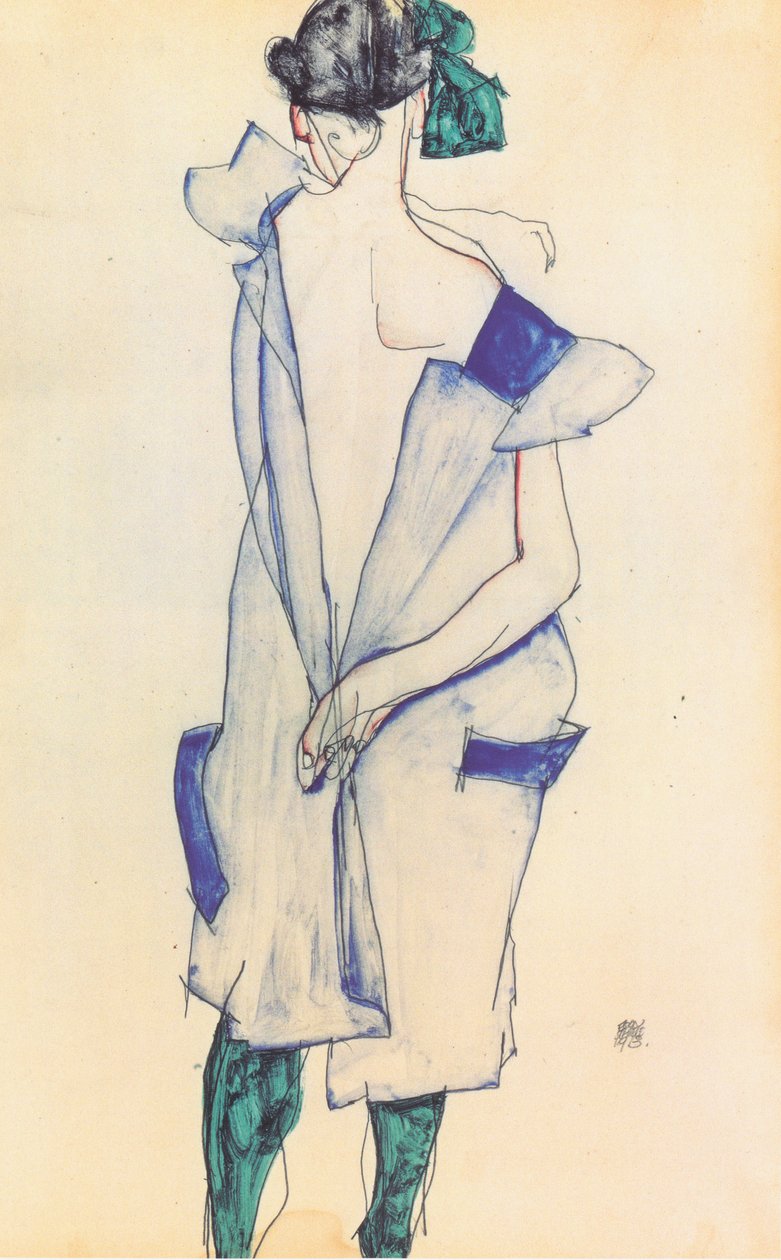 Mavi etekli bir kızın arka görünümü by Egon Schiele