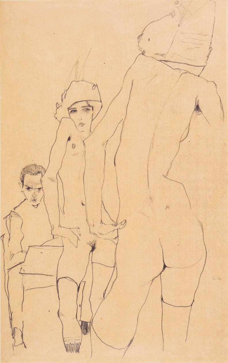 Aynanın önünde çıplak bir modelle Schiele by Egon Schiele