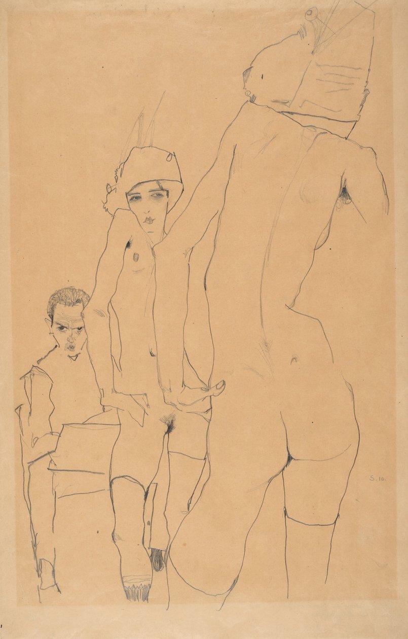 Aynadan Önce Çıplak Modelli Schiele, 1910 by Egon Schiele