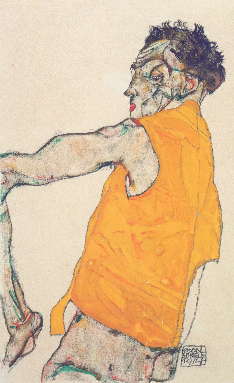 Sarı yelekli kendi portresi by Egon Schiele