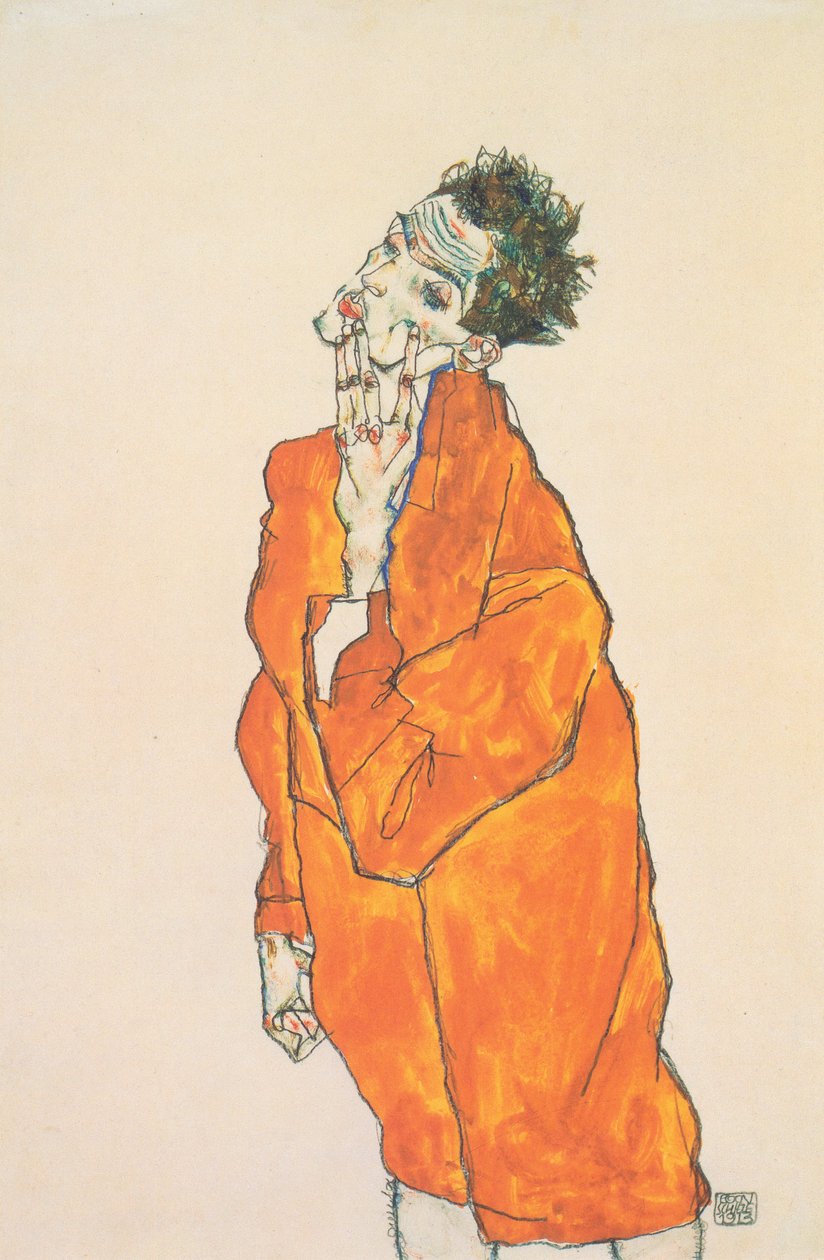 Turuncu ceketli otoportre by Egon Schiele