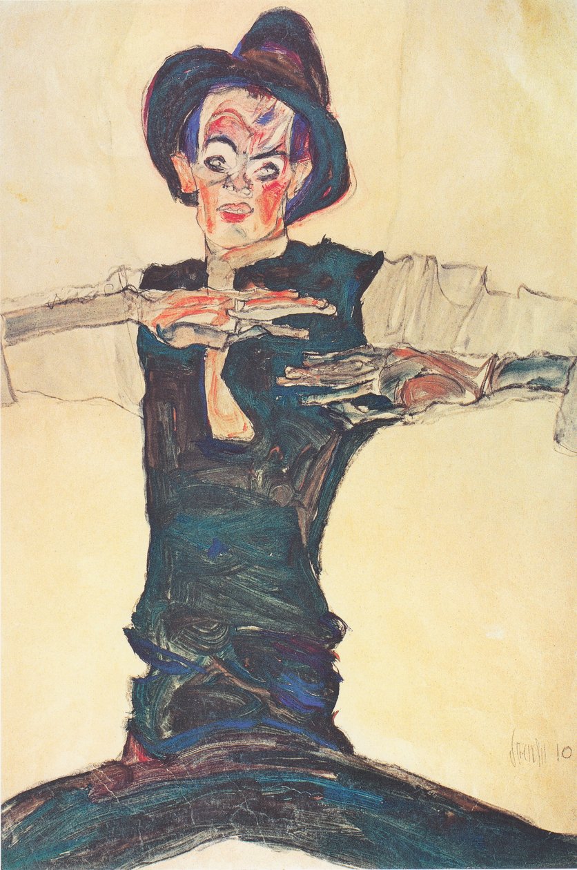 Kahverengi şapkalı otoportre by Egon Schiele
