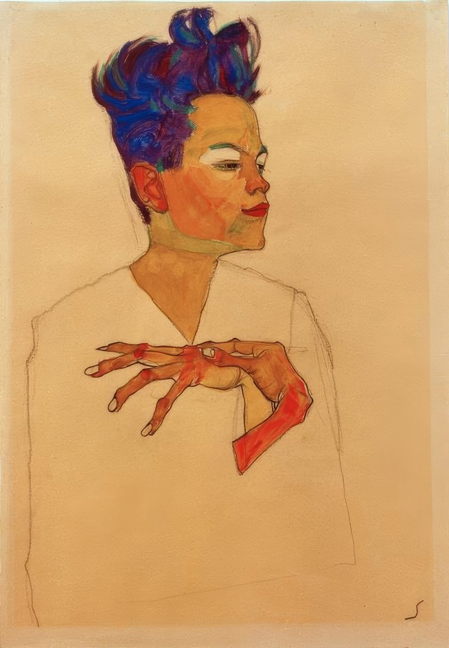 Eller göğüste kendi kendine portre by Egon Schiele