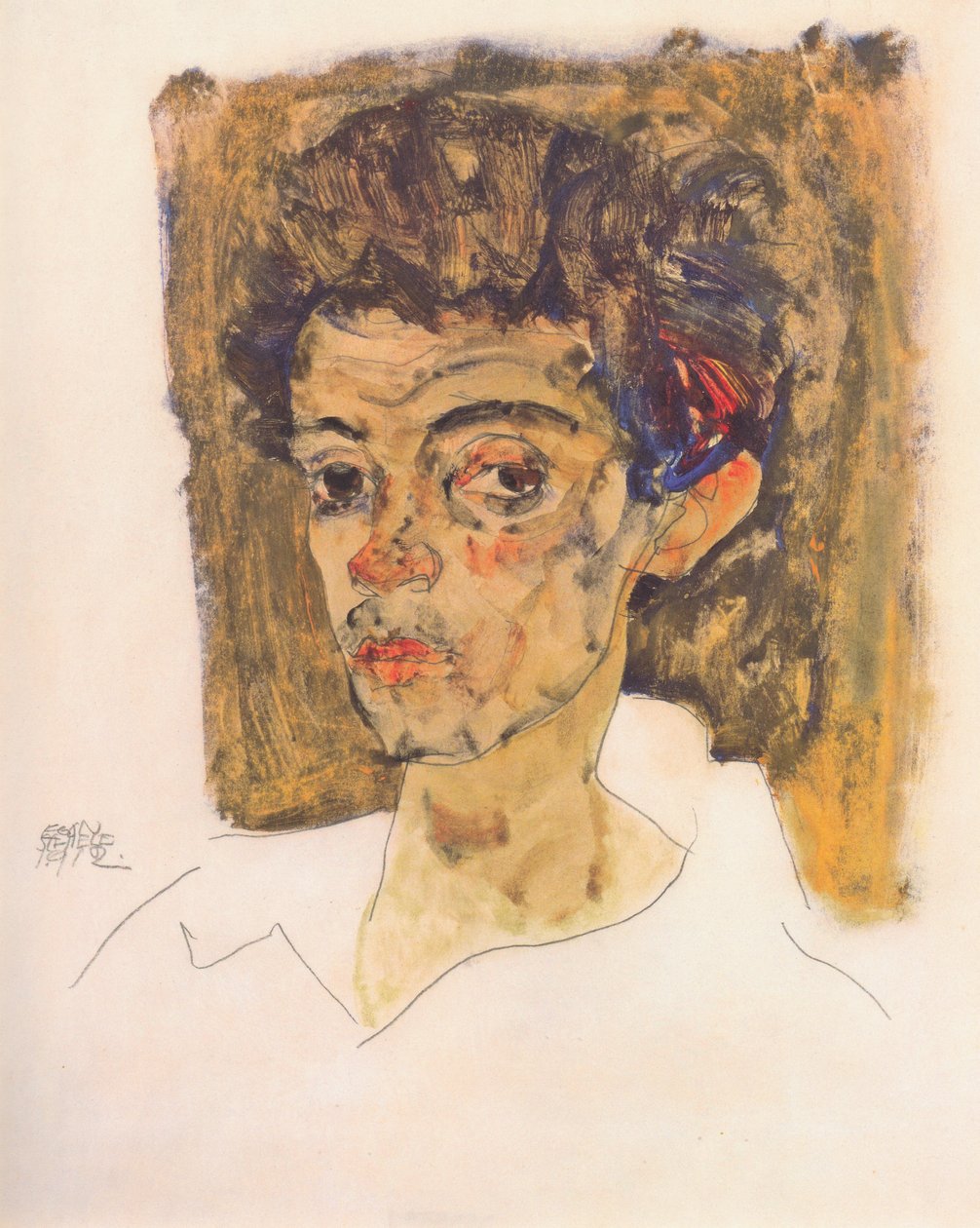 Kahverengi bir arka plana karşı kendi portreniz by Egon Schiele