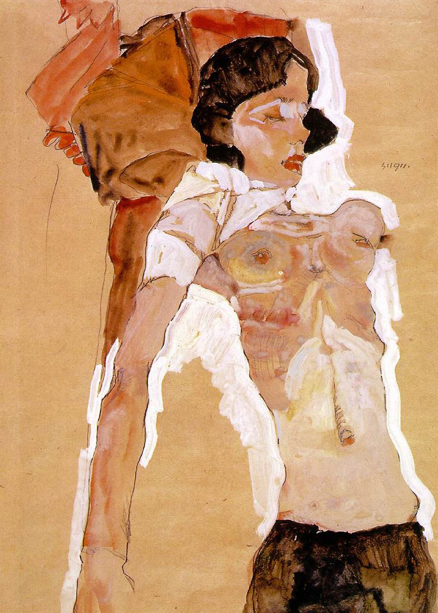 yarı çıplak uzanmış by Egon Schiele