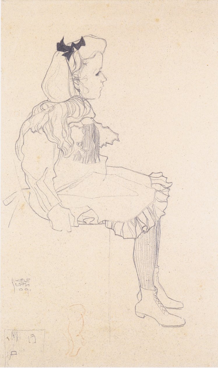 Bir döngü saç ile oturan kız by Egon Schiele